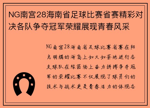 NG南宫28海南省足球比赛省赛精彩对决各队争夺冠军荣耀展现青春风采